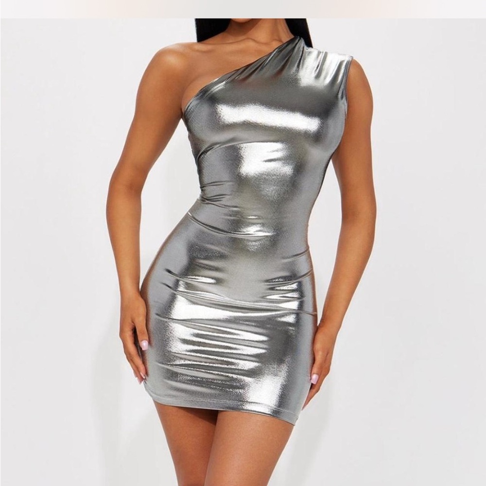 Fashion Nova Metallic One-Shoulder Dress